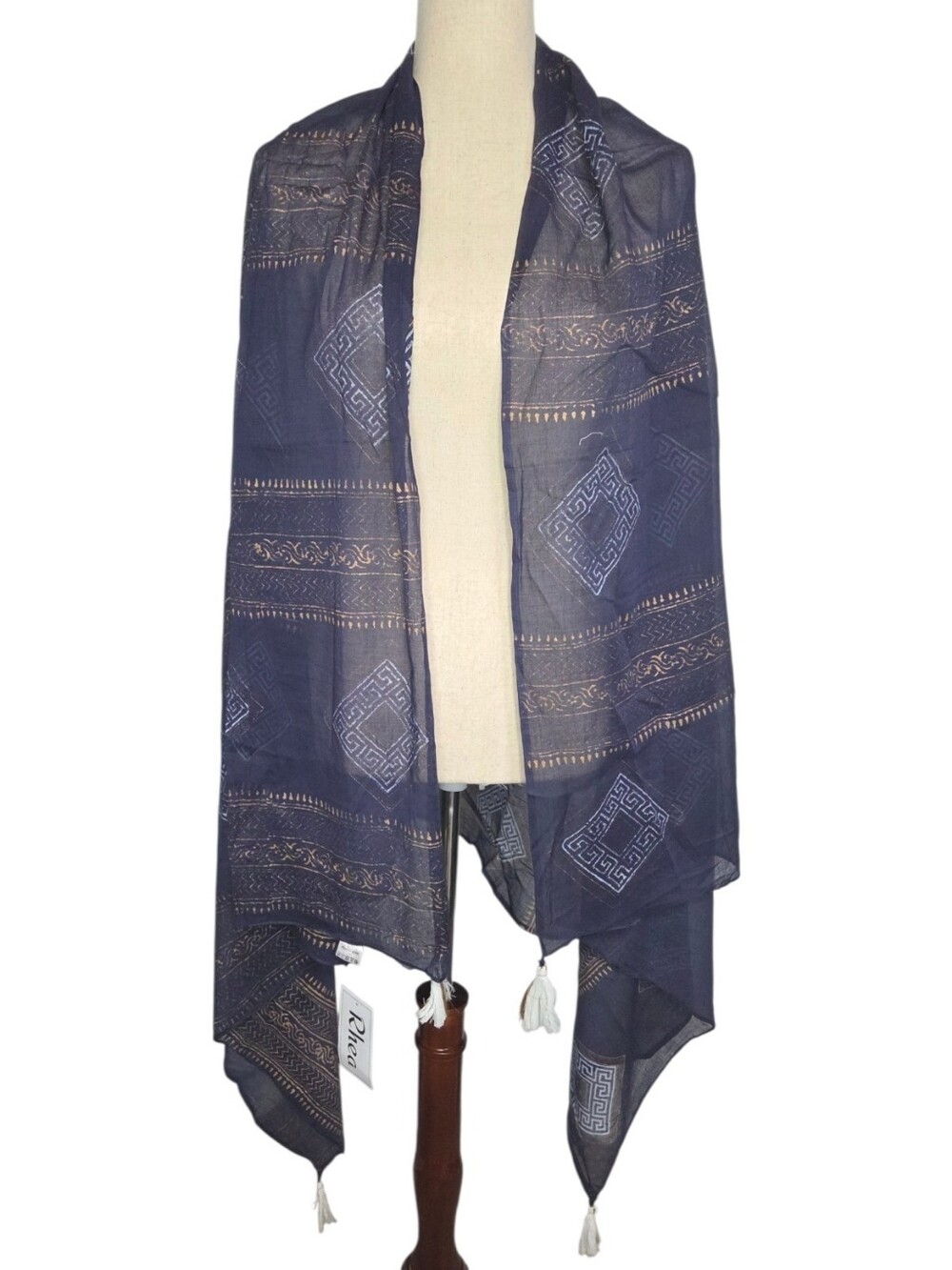 Rhea Navy Gold Swim Cover Up Tassel Cotton Beach Wrap Shawl Pareo